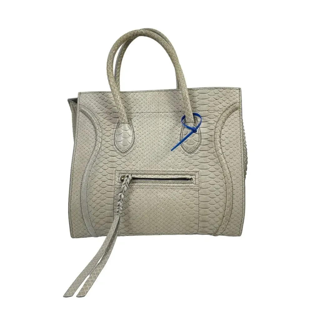 Celine Light Beige Python Embossed Leather Tote with Blue Accent